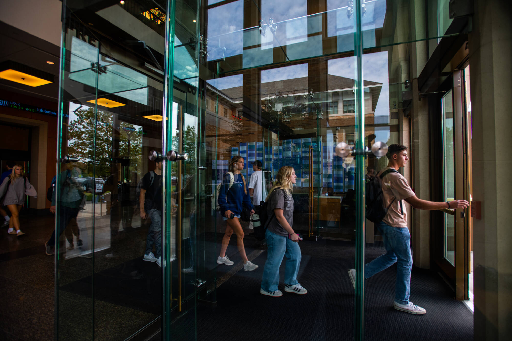 Students entering campus building